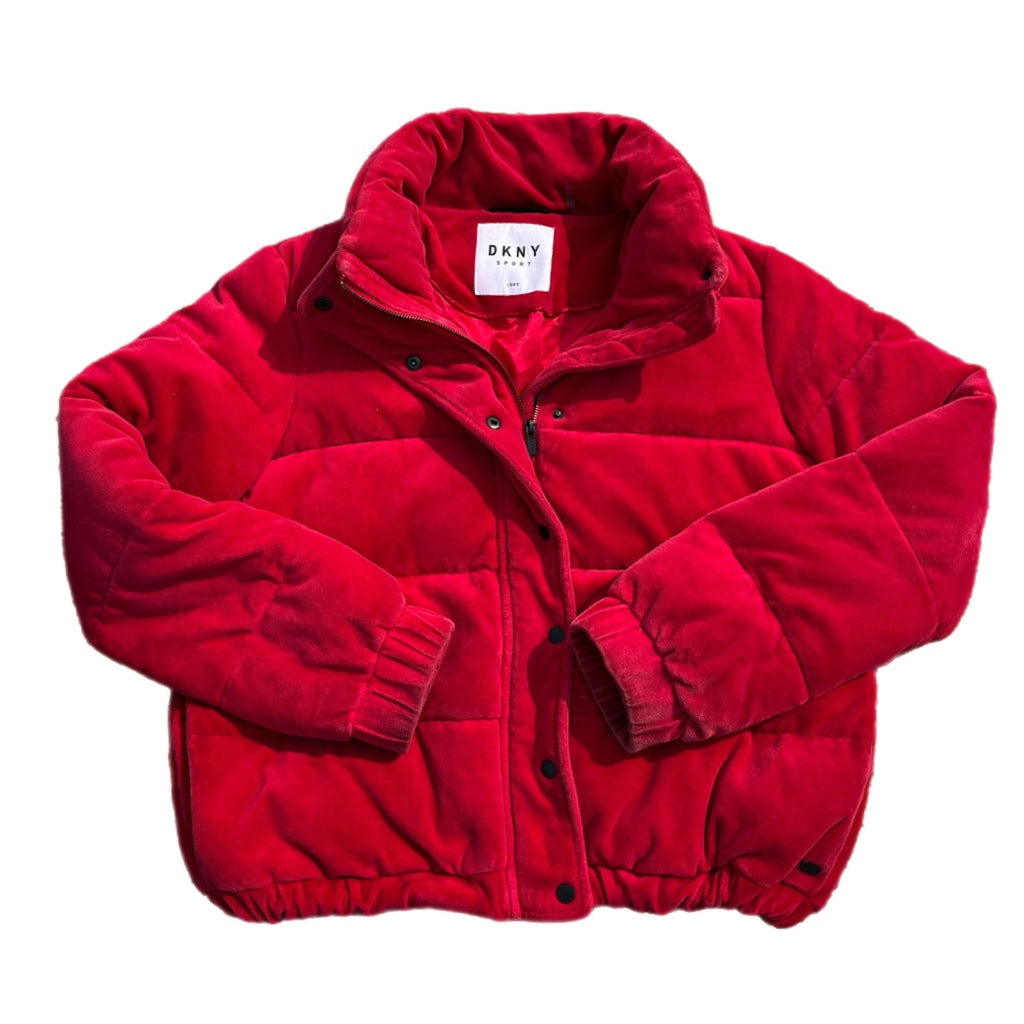 DKNY SPORTS Red Velour Puffer Coat Spell Out