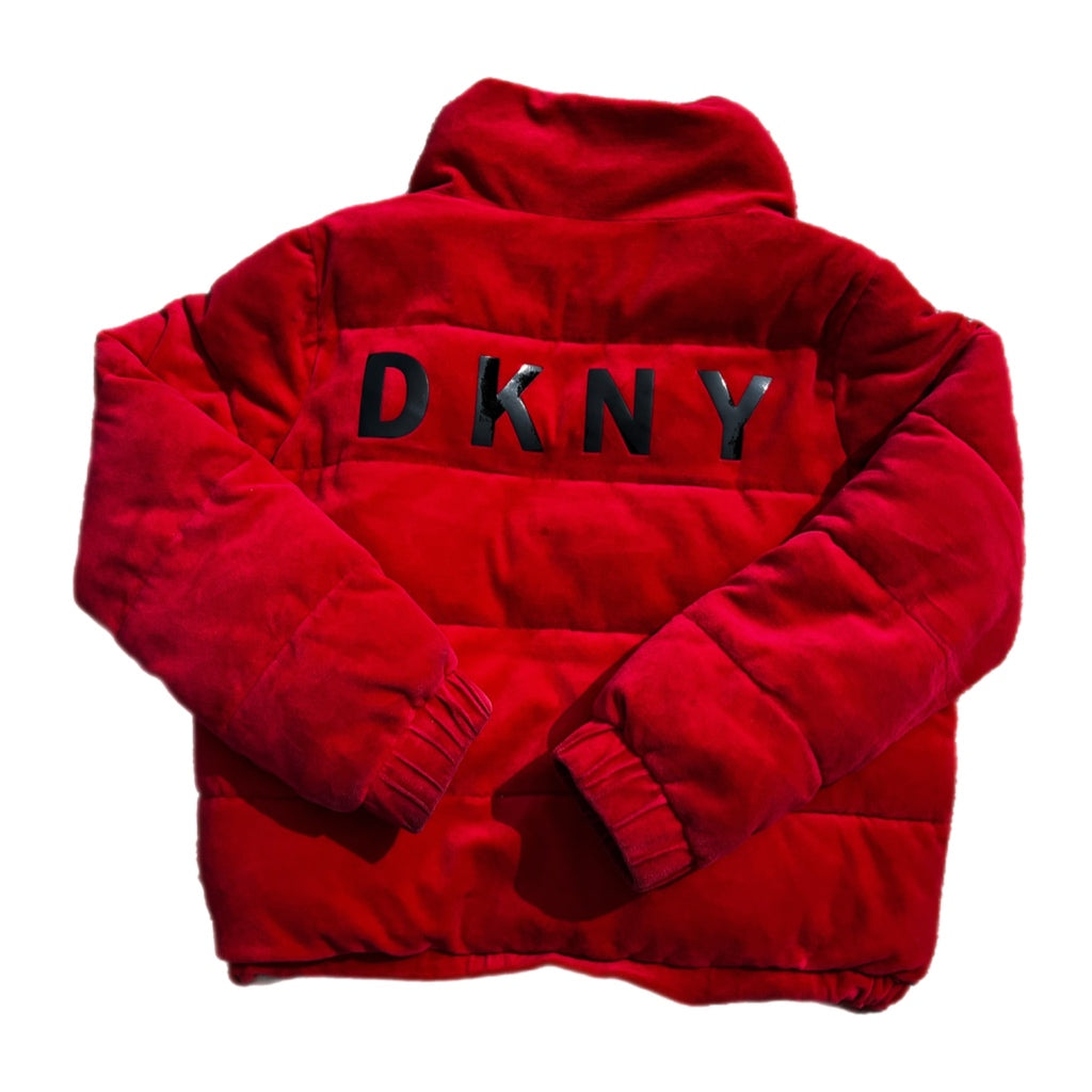 DKNY SPORTS Red Velour Puffer Coat Spell Out Verify Vintage